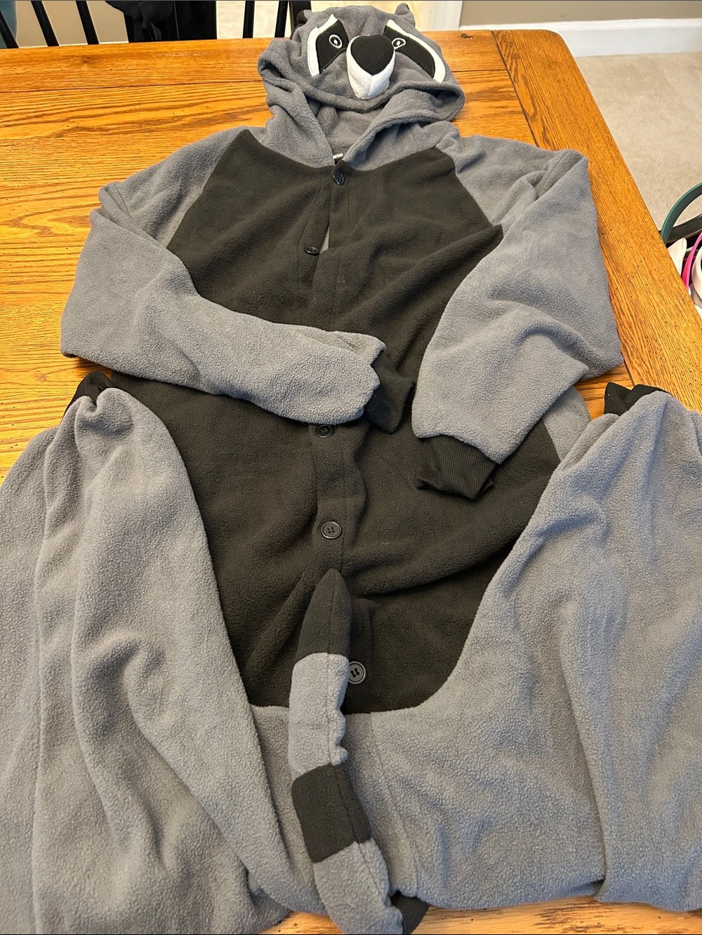 Gray and Black Raccoon Hooded Fleece Onesie Sweater